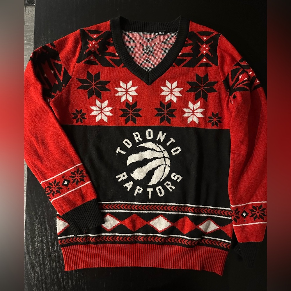Toronto Raptors Red and Black Ugly Christmas  Sweater. Size XL